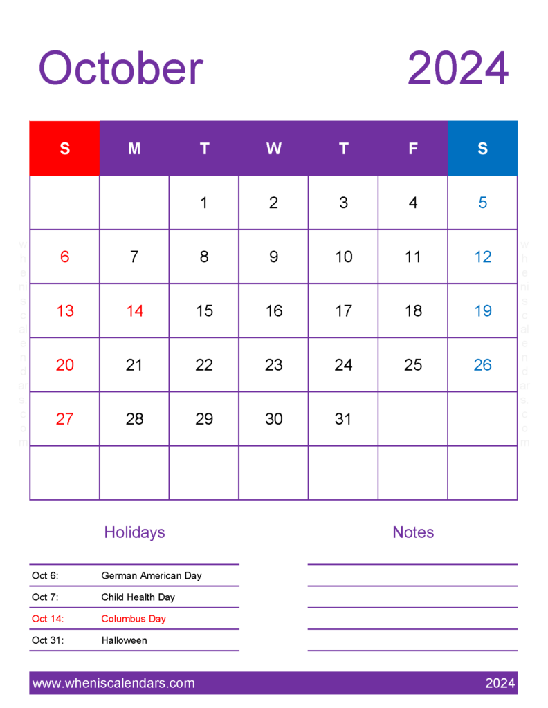 Download October 2024 Calendar with government Holidays Letter Vertical 104197