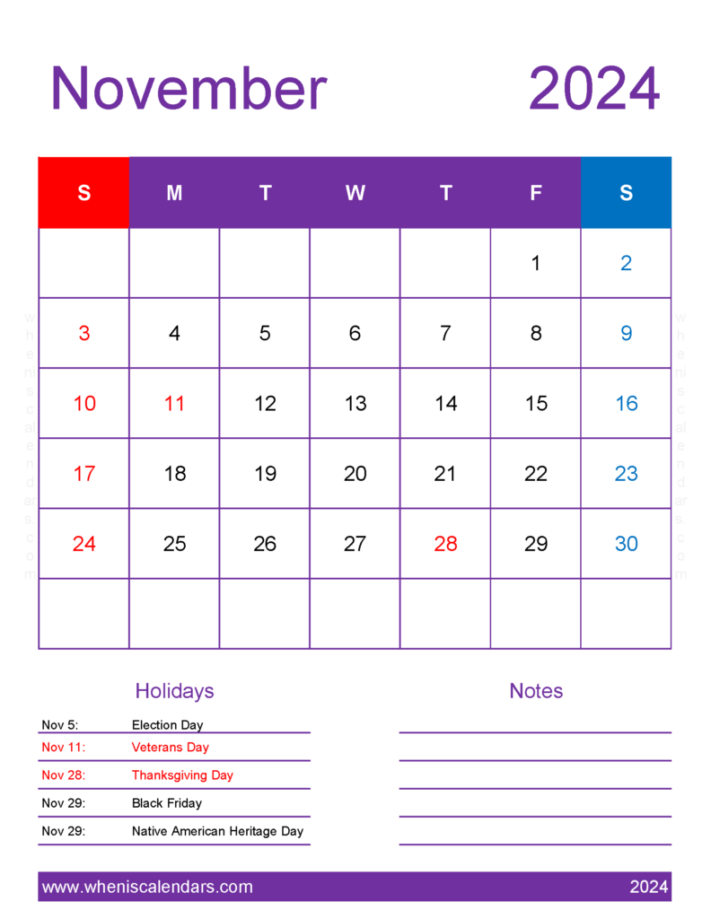 Download November 2024 Calendar with government Holidays Letter Vertical 114197
