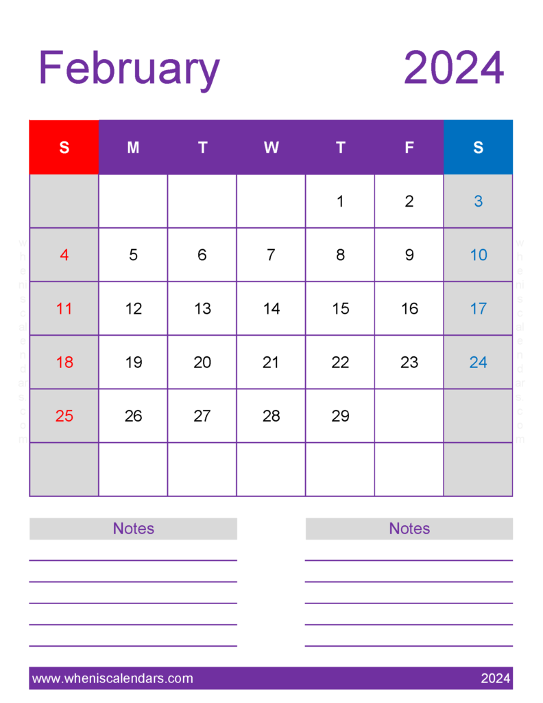 Download February 2024 Calendar Printable vertical Letter Vertical 24278