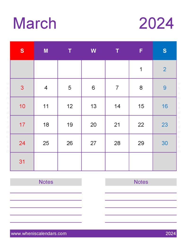 Download March 2024 Calendar Printable vertical Letter Vertical 34278