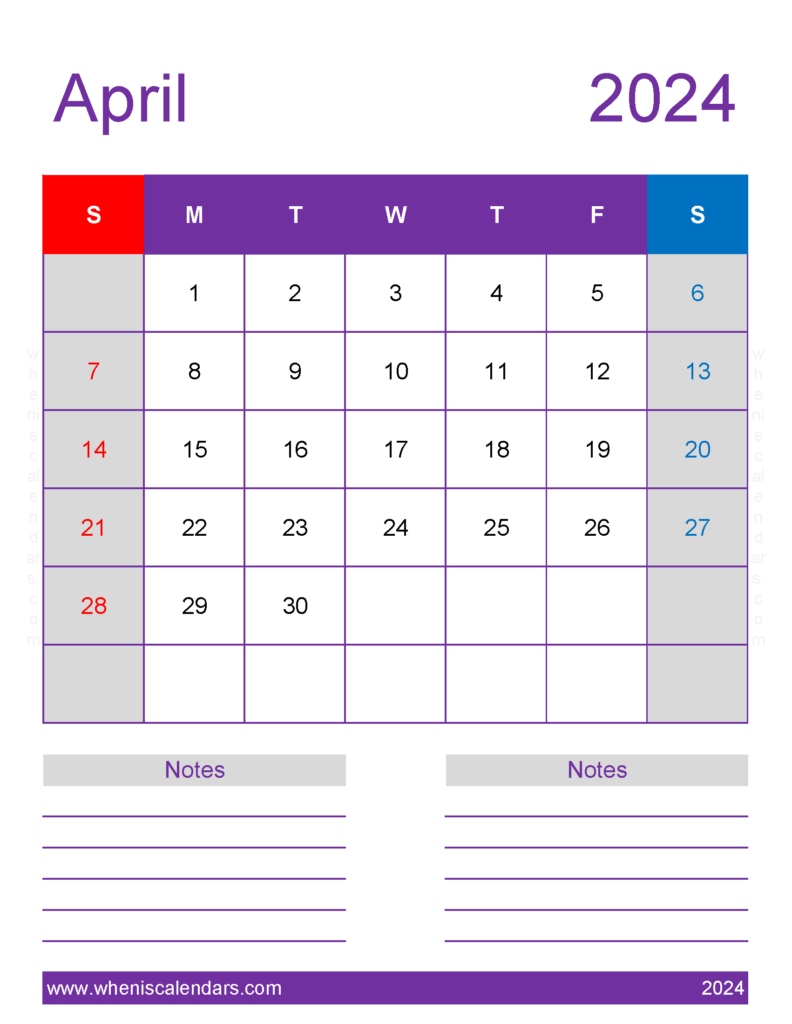 Download April 2024 Calendar Printable vertical Letter Vertical 44278