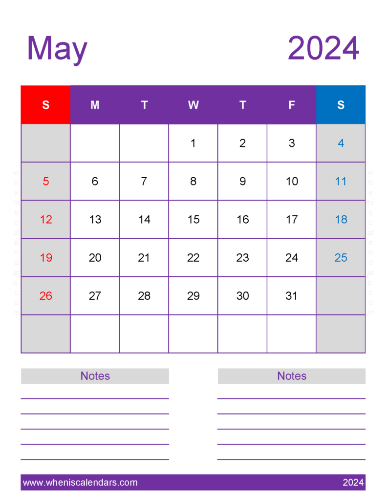 Download May 2024 Calendar Printable vertical Letter Vertical 54278
