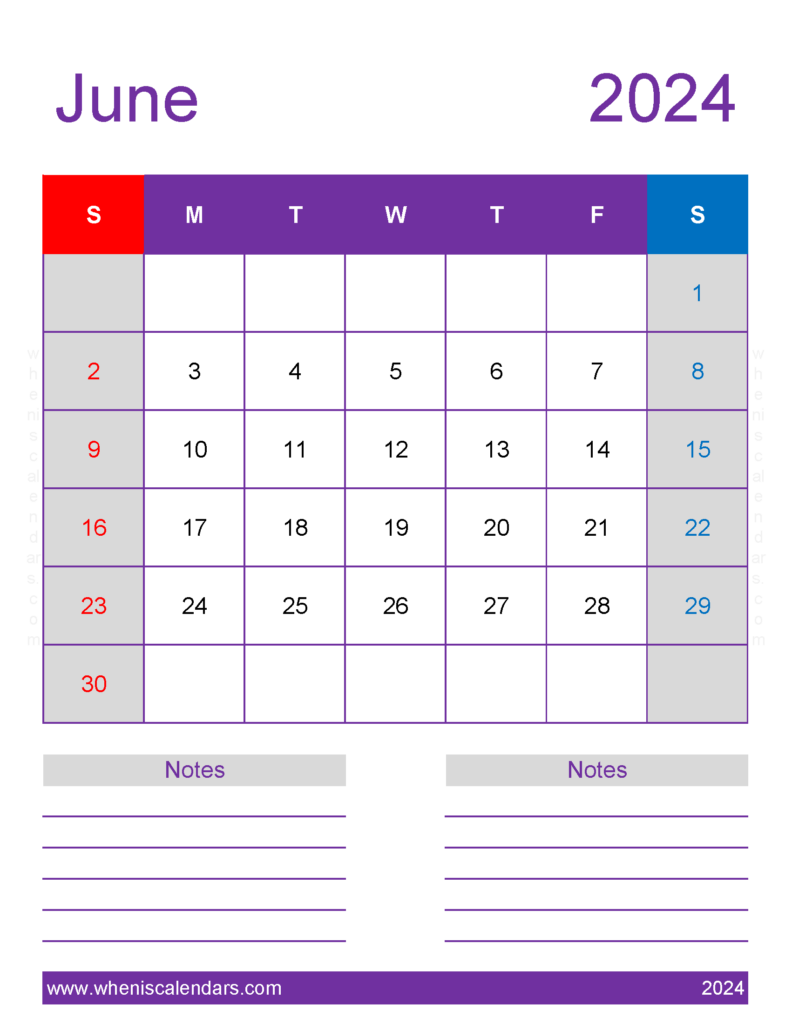 Download June 2024 Calendar Printable vertical Letter Vertical 64278