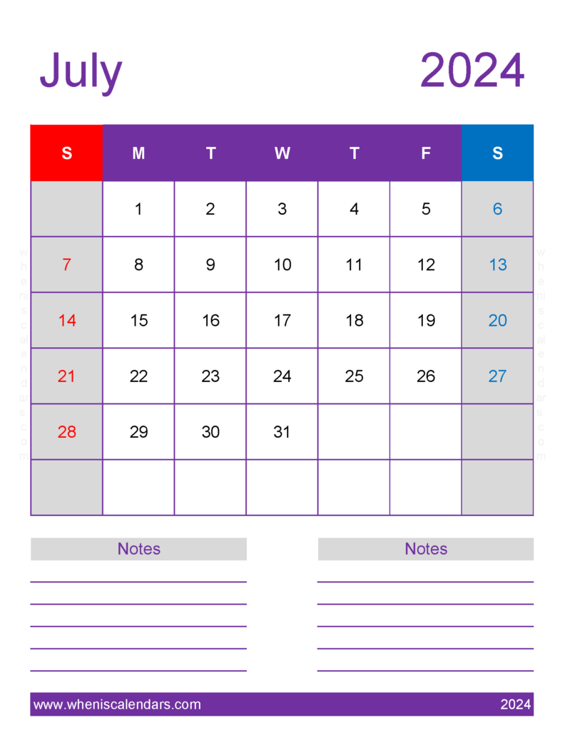 Download July 2024 Calendar Printable vertical Letter Vertical 74278