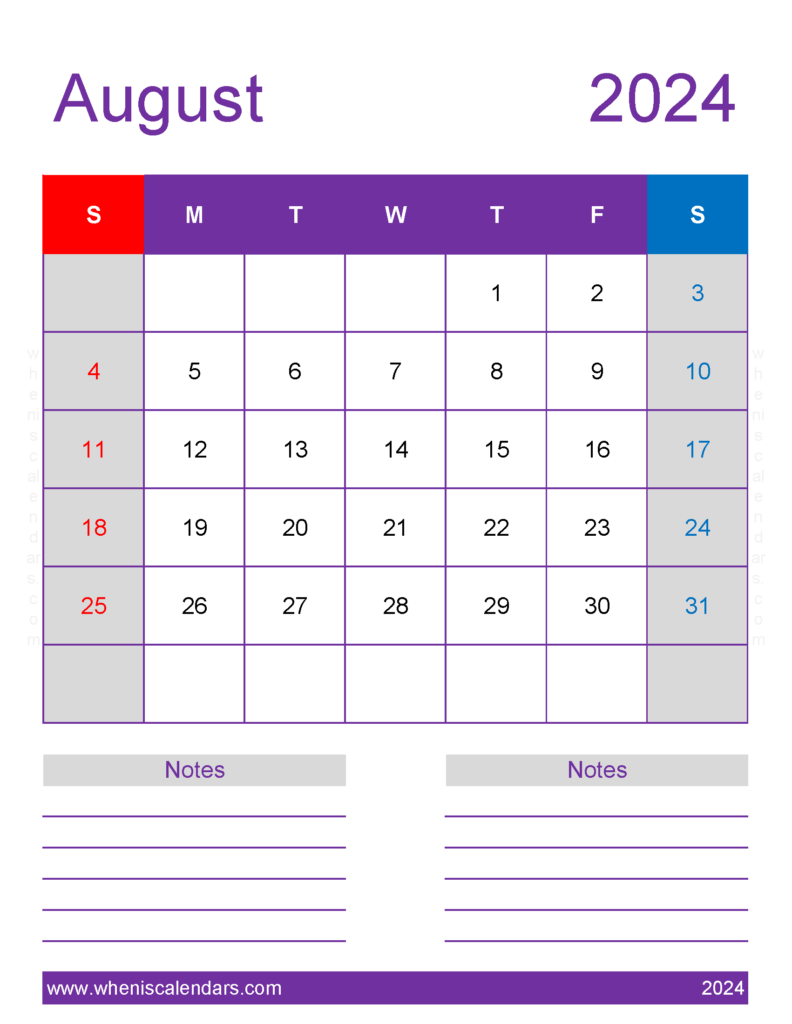 Download August 2024 Calendar Printable vertical Letter Vertical 84278
