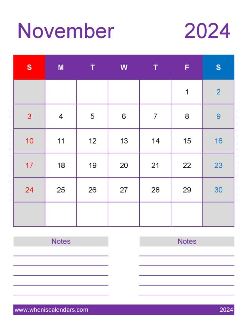 Download November 2024 Calendar Printable vertical Letter Vertical 114278
