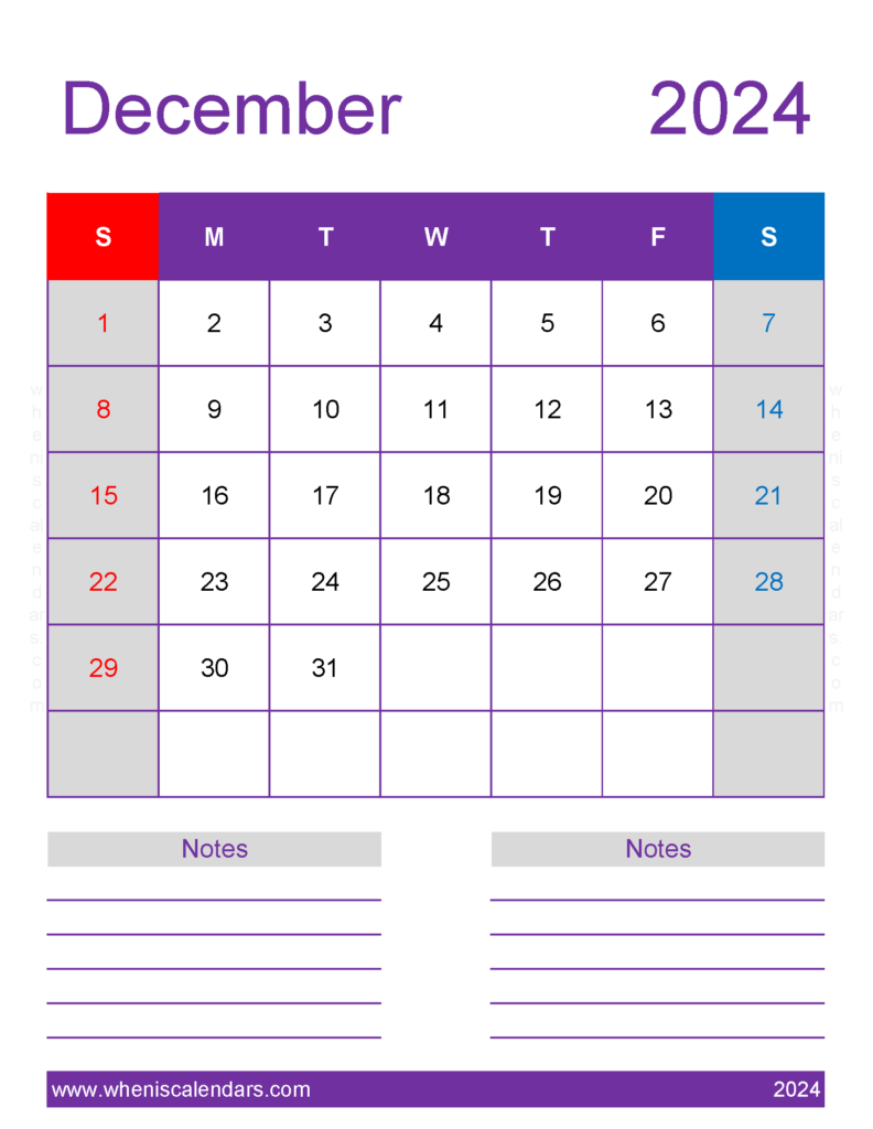 Download December 2024 Calendar Printable vertical Letter Vertical 124278