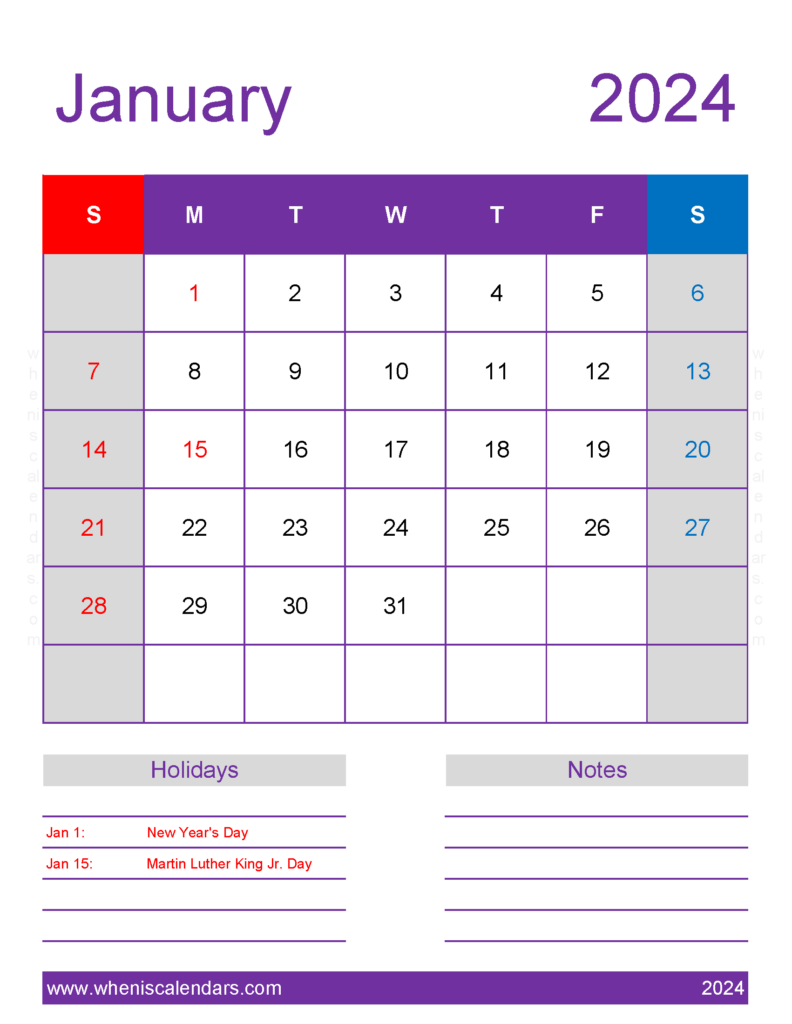 Download print Calendar for January 2024 Letter Vertical J4198
