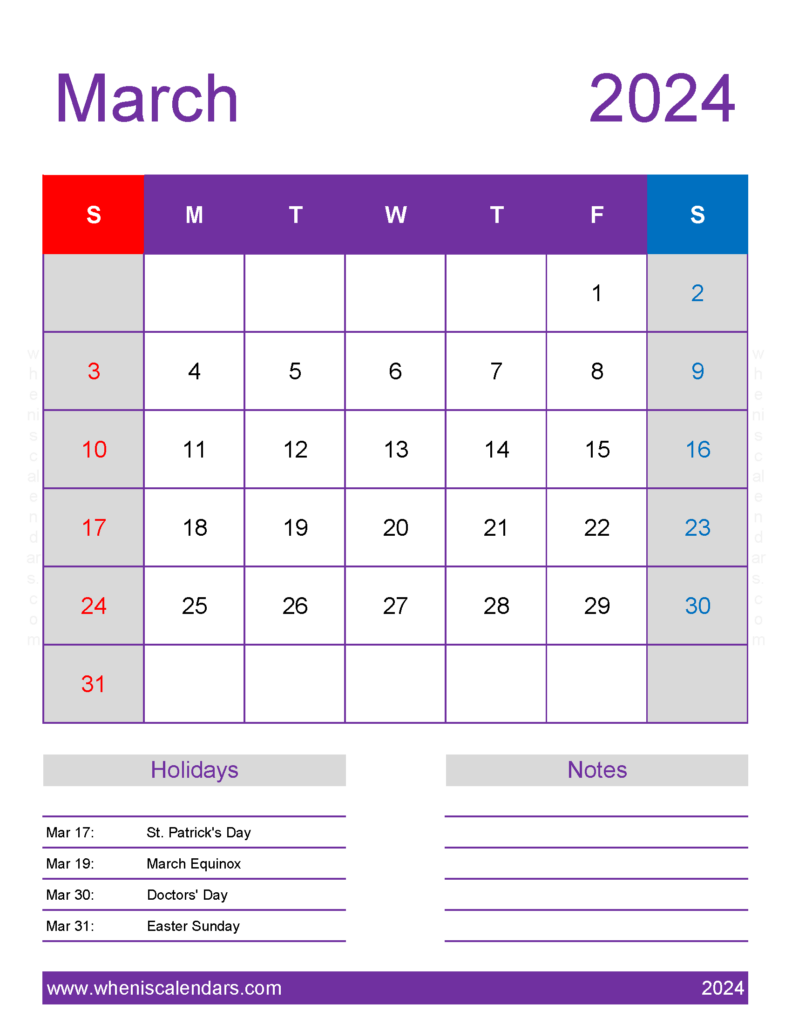 Download print Calendar for March 2024 Letter Vertical 34198