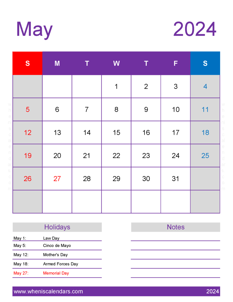 Download print Calendar for May 2024 Letter Vertical 54198