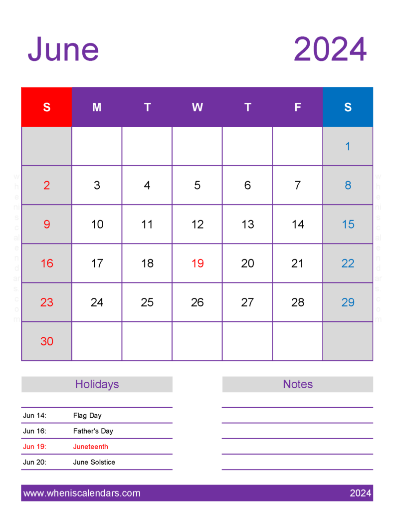 Download print Calendar for June 2024 Letter Vertical 64198