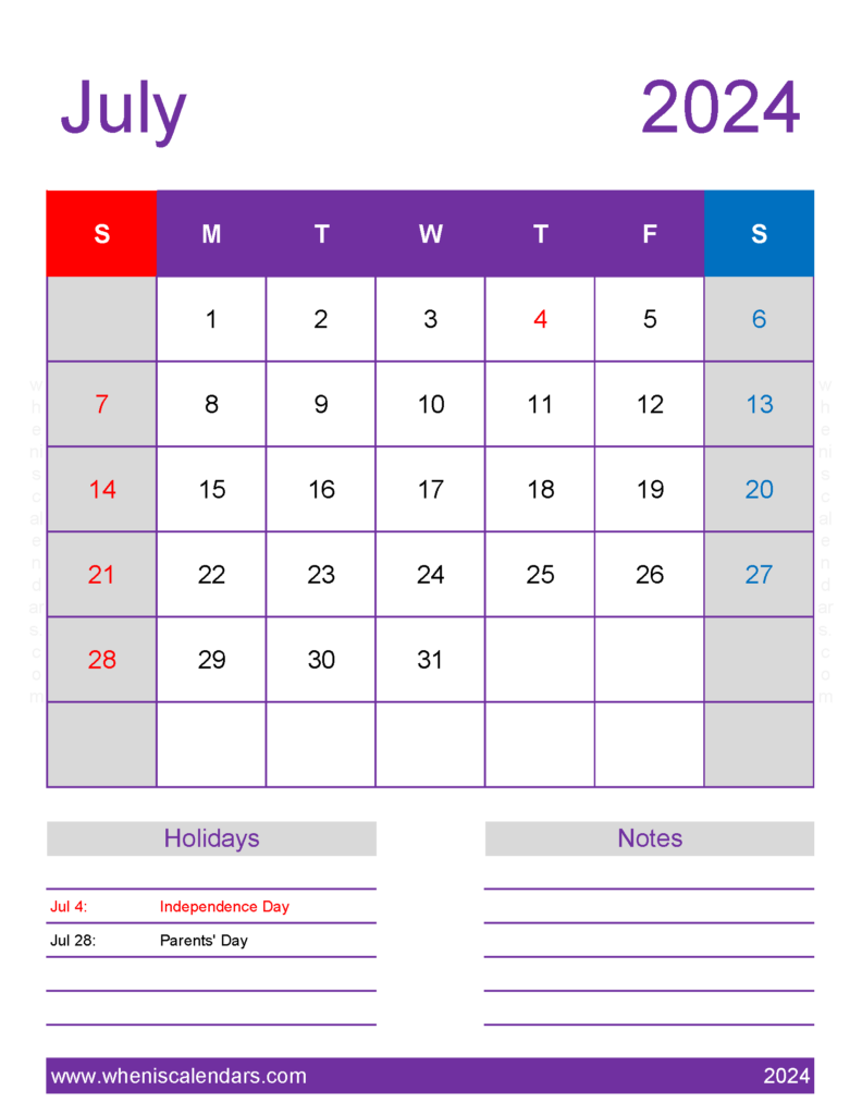 Download print Calendar for July 2024 Letter Vertical 74198