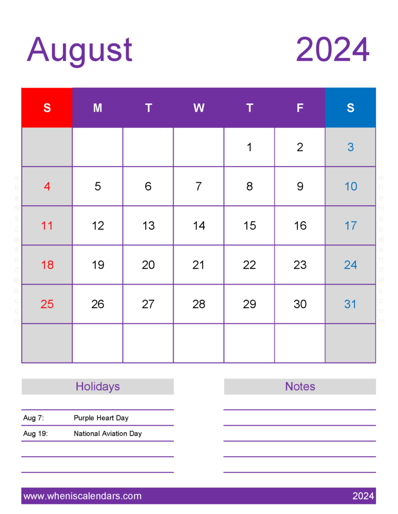 Download print Calendar for August 2024 Letter Vertical 84198