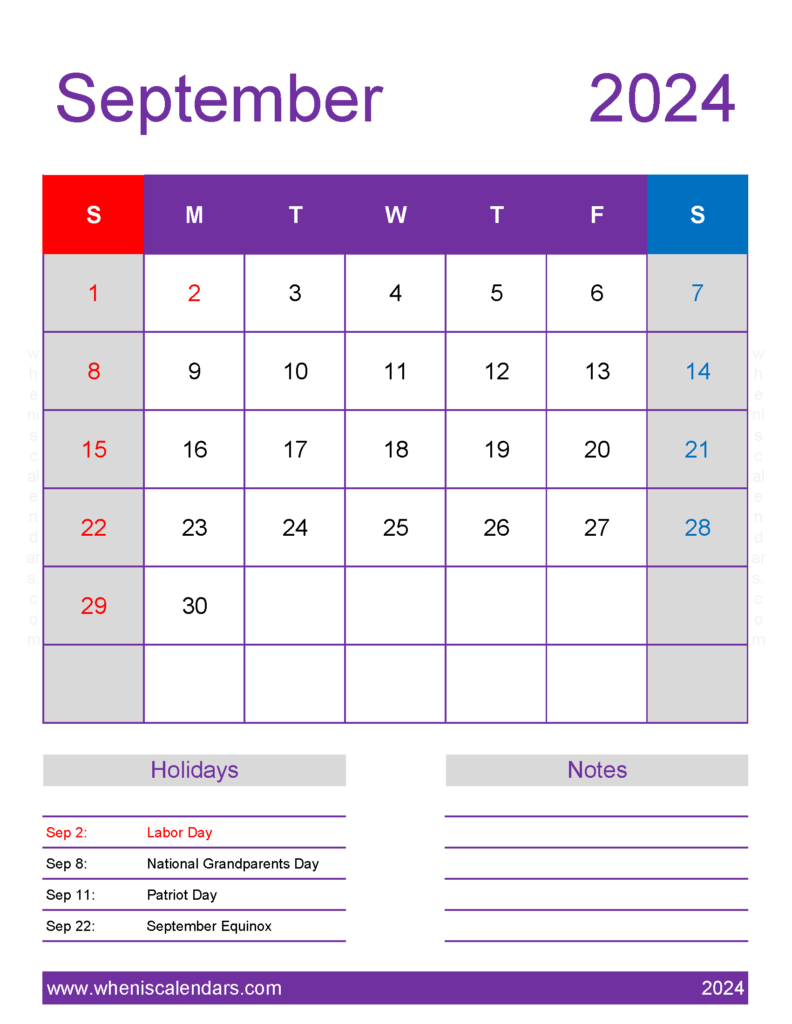 Download print Calendar for September 2024 Letter Vertical 94198