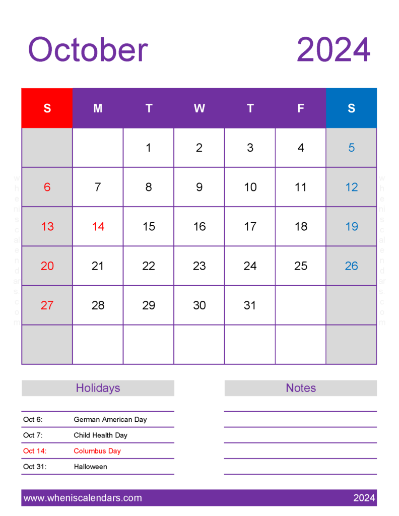 Download print Calendar for October 2024 Letter Vertical 104198