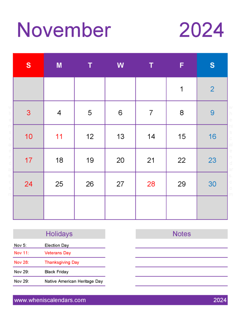 Download print Calendar for November 2024 Letter Vertical 114198