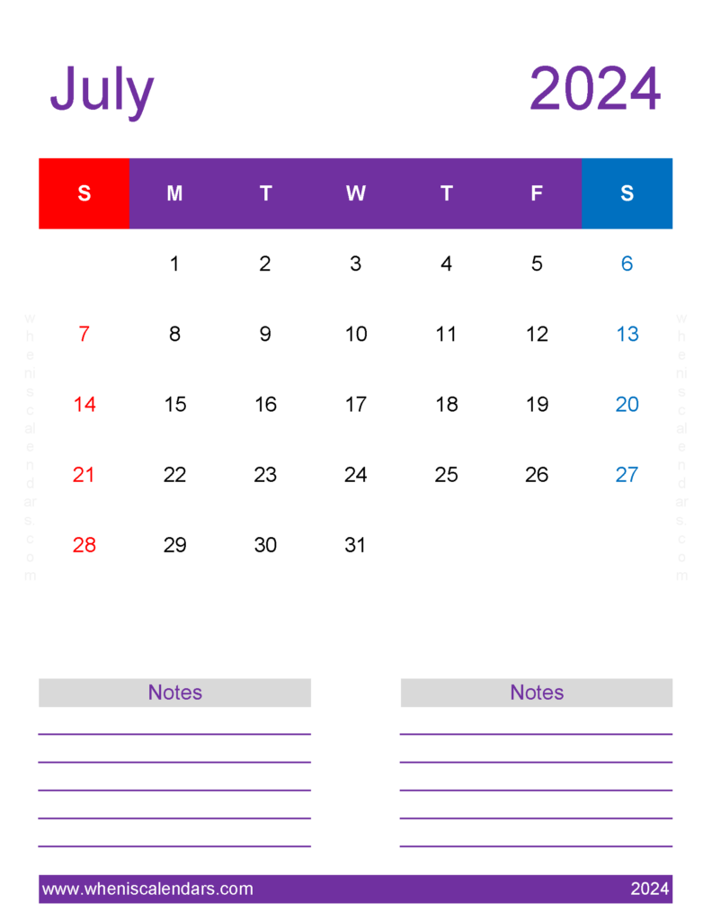 Download PrintableJuly 2024 Calendar Letter Vertical 74279
