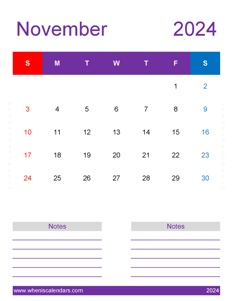 Download PrintableNovember 2024 Calendar Letter Vertical 114279