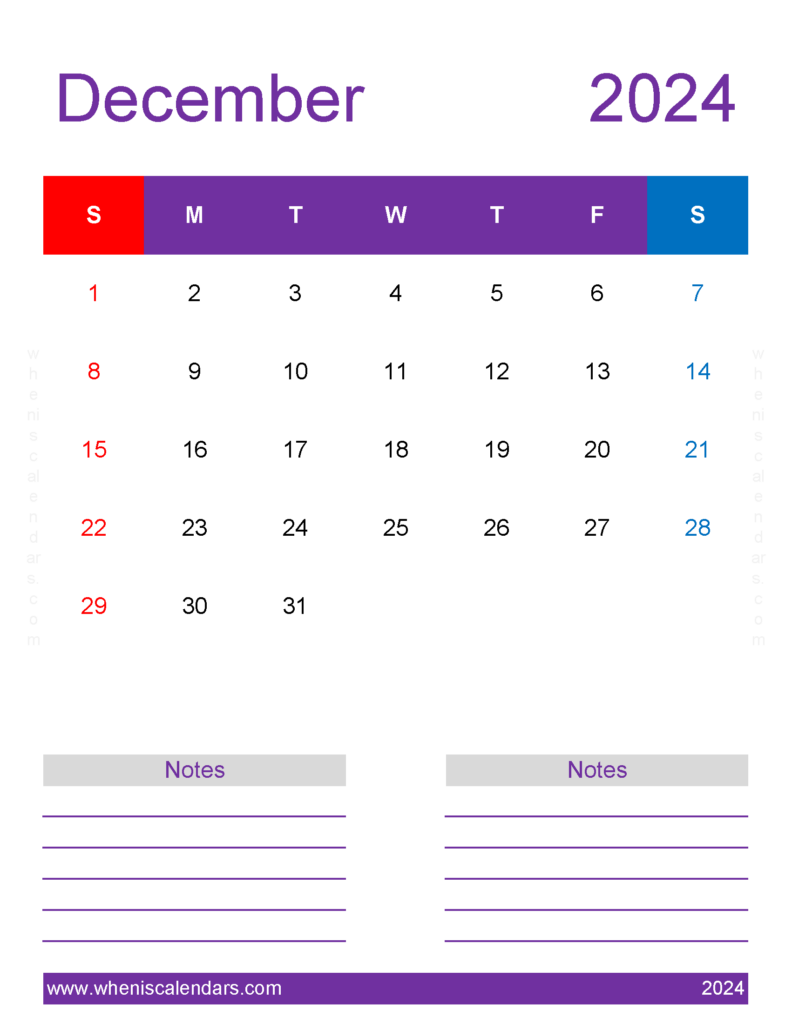 Download PrintableDecember 2024 Calendar Letter Vertical 124279
