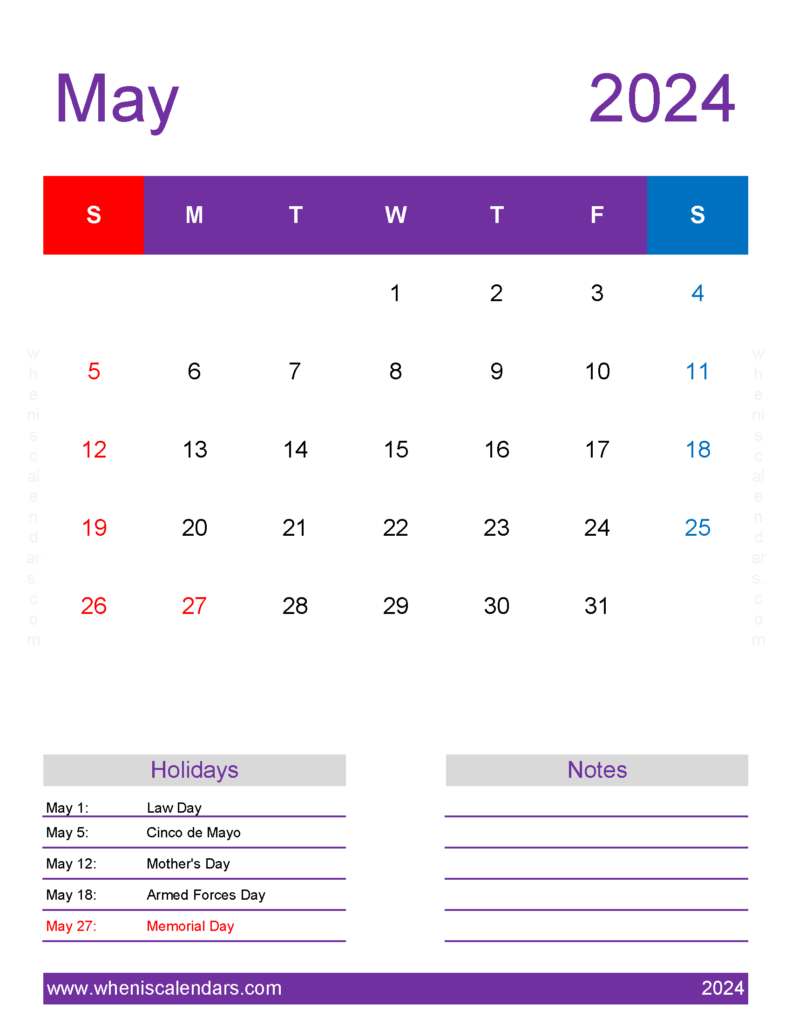 Download May 2024 Calendar editable Letter Vertical 54199