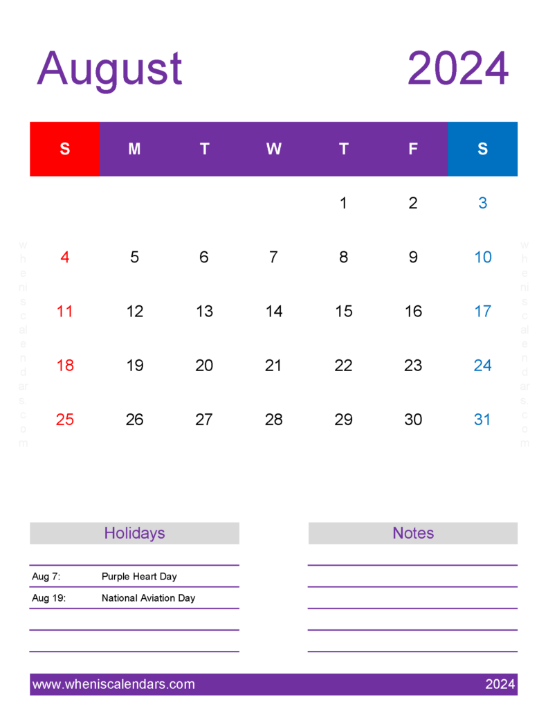 Download August 2024 Calendar editable Letter Vertical 84199