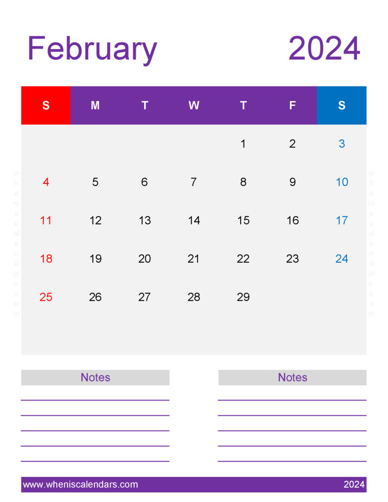 Download Printable Calendar page February 2024 Letter Vertical 24280