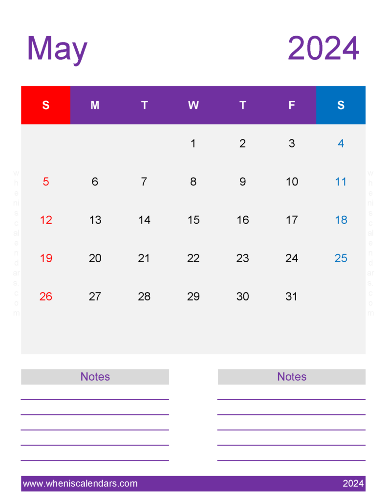 Download Printable Calendar page May 2024 Letter Vertical 54280