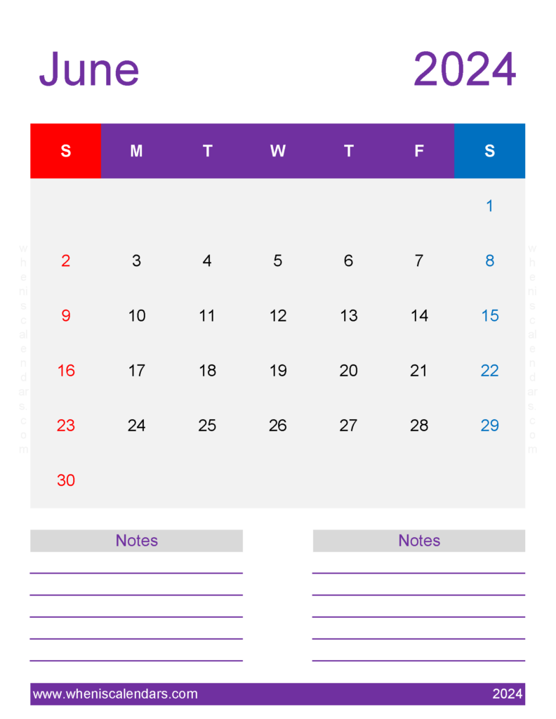 Download Printable Calendar page June 2024 Letter Vertical 64280