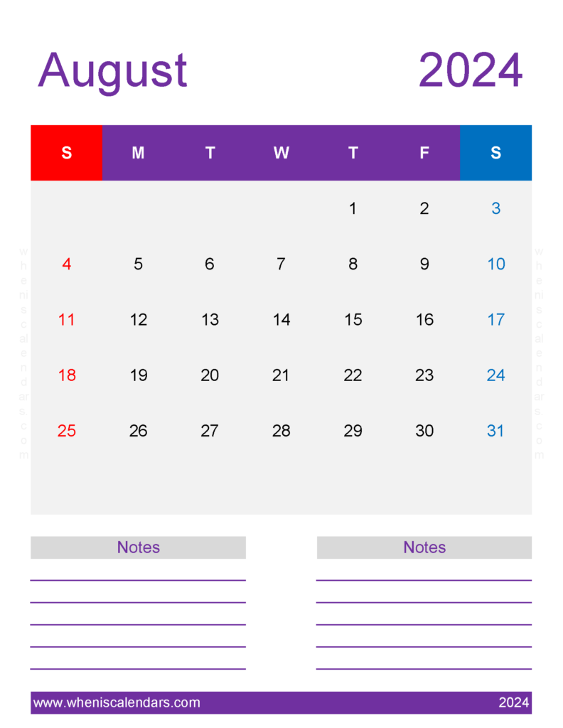 Download Printable Calendar page August 2024 Letter Vertical 84280