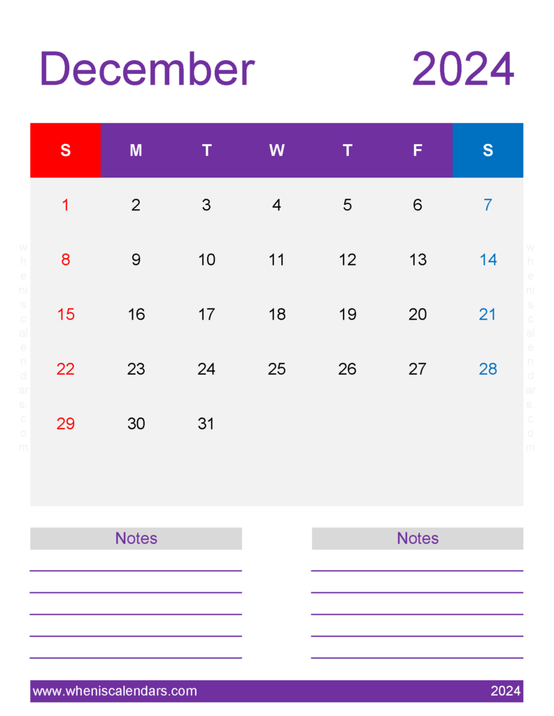 Download Printable Calendar page December 2024 Letter Vertical 124280