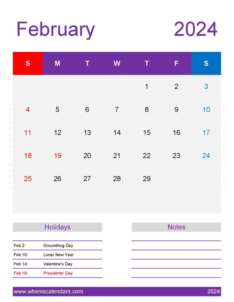 Download February month Calendar 2024 Printable Letter Vertical 24200