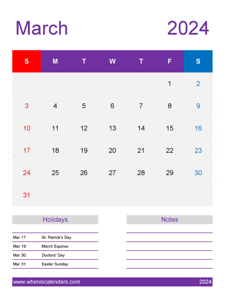 Download March month Calendar 2024 Printable Letter Vertical 34200