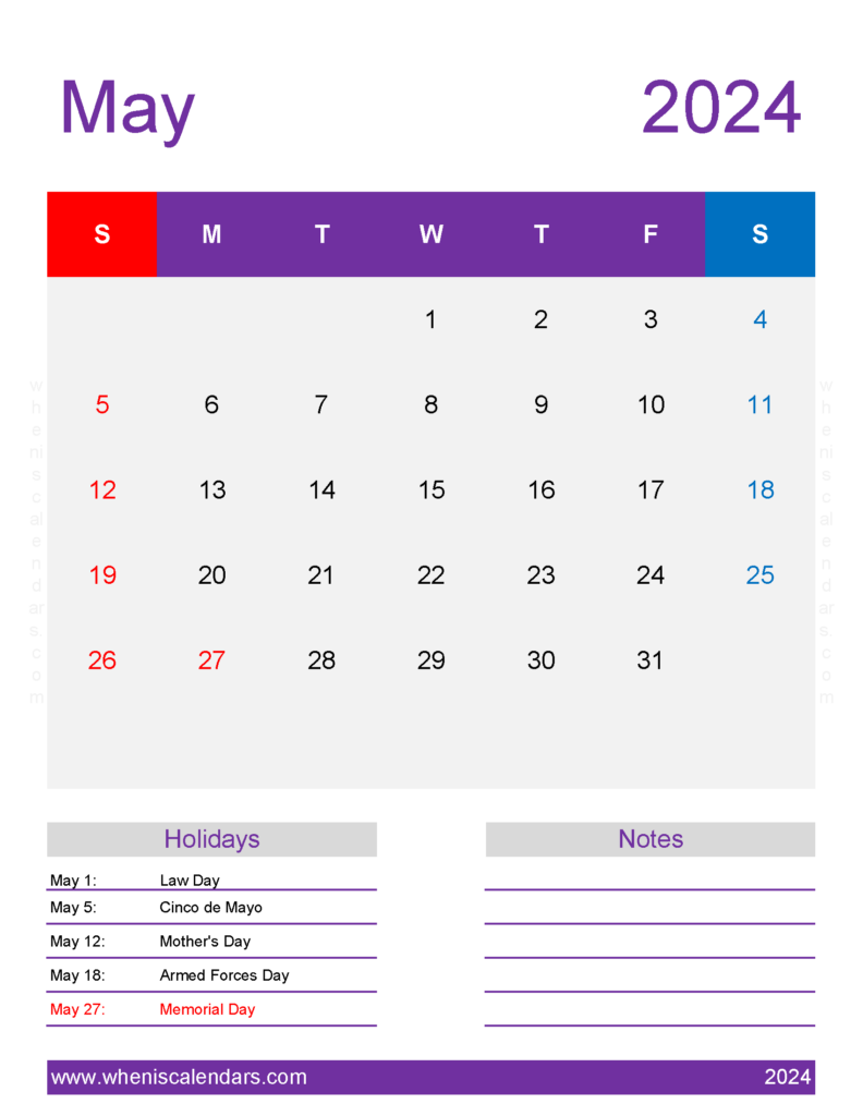 Download May month Calendar 2024 Printable Letter Vertical 54200