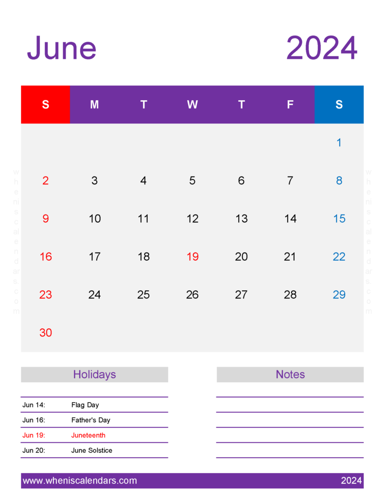 Download June month Calendar 2024 Printable Letter Vertical 64200