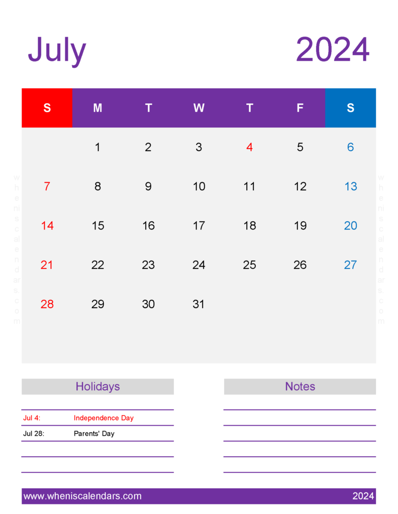 Download July month Calendar 2024 Printable Letter Vertical 74200