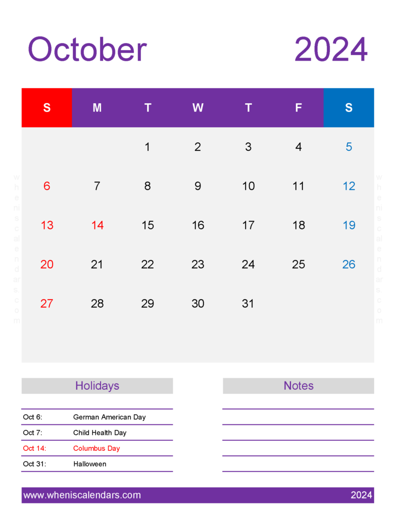 Download October month Calendar 2024 Printable Letter Vertical 104200