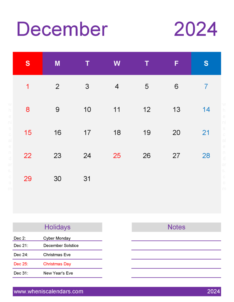 Download December month Calendar 2024 Printable Letter Vertical 124200