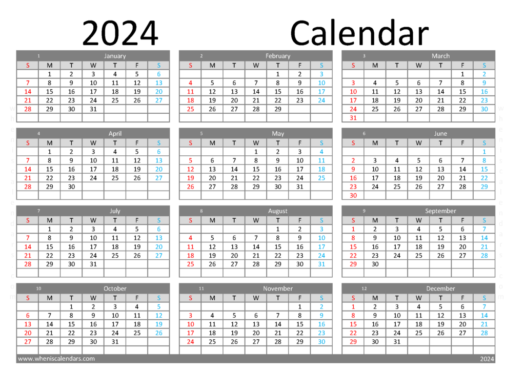 Download monthly printable Calendar 2024 A4 Horizontal (24Y089)