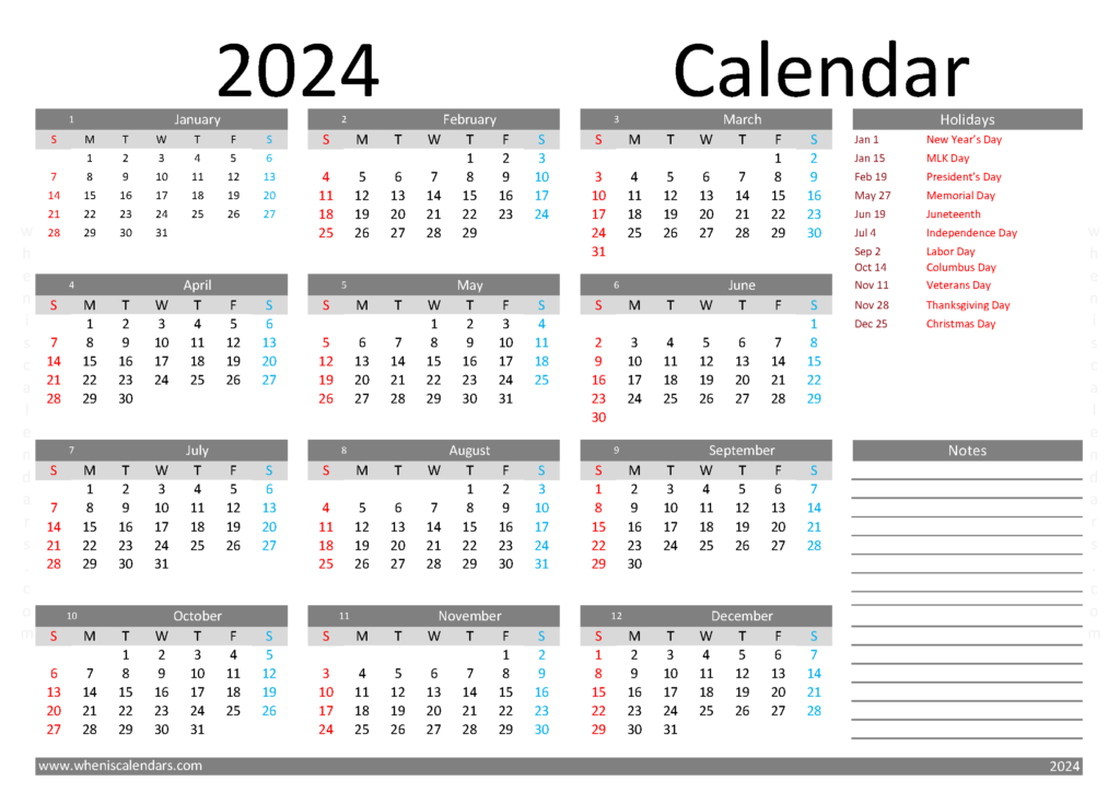 Download printable 2024 Calendar template A4 Horizontal (24Y002)
