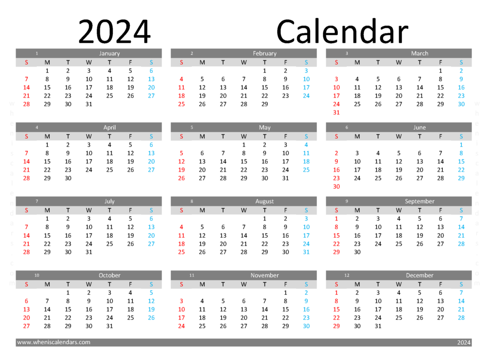 Download Calendar 2024 pdf free download A4 Horizontal (24Y090)