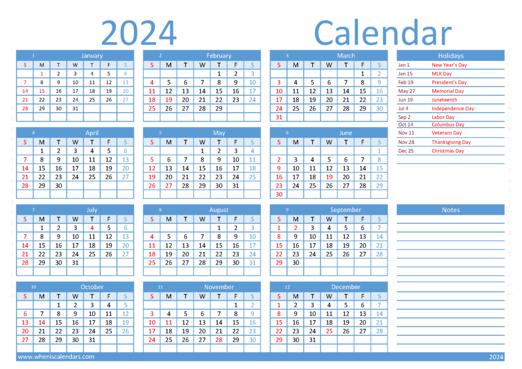 Download printable 2024 Calendar pdf A4 Horizontal (24Y003)