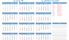 Download printable 2024 Calendar with holidays A4 Horizontal (24Y004)