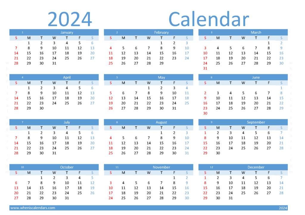 Download 2024 Calendar with week numbers printable A4 Horizontal (24Y092)