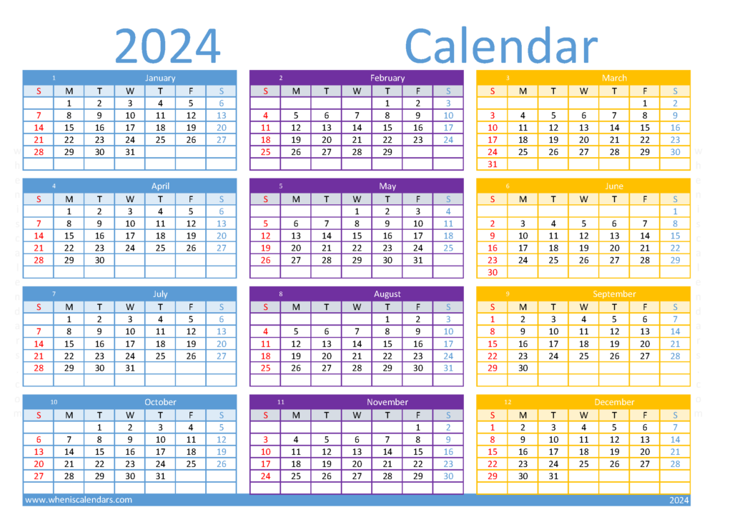 Download 2024 Calendar print A4 Horizontal (24Y093)
