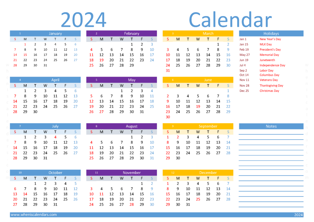 Download printable 2024 Calendar a4 A4 Horizontal (24Y006)