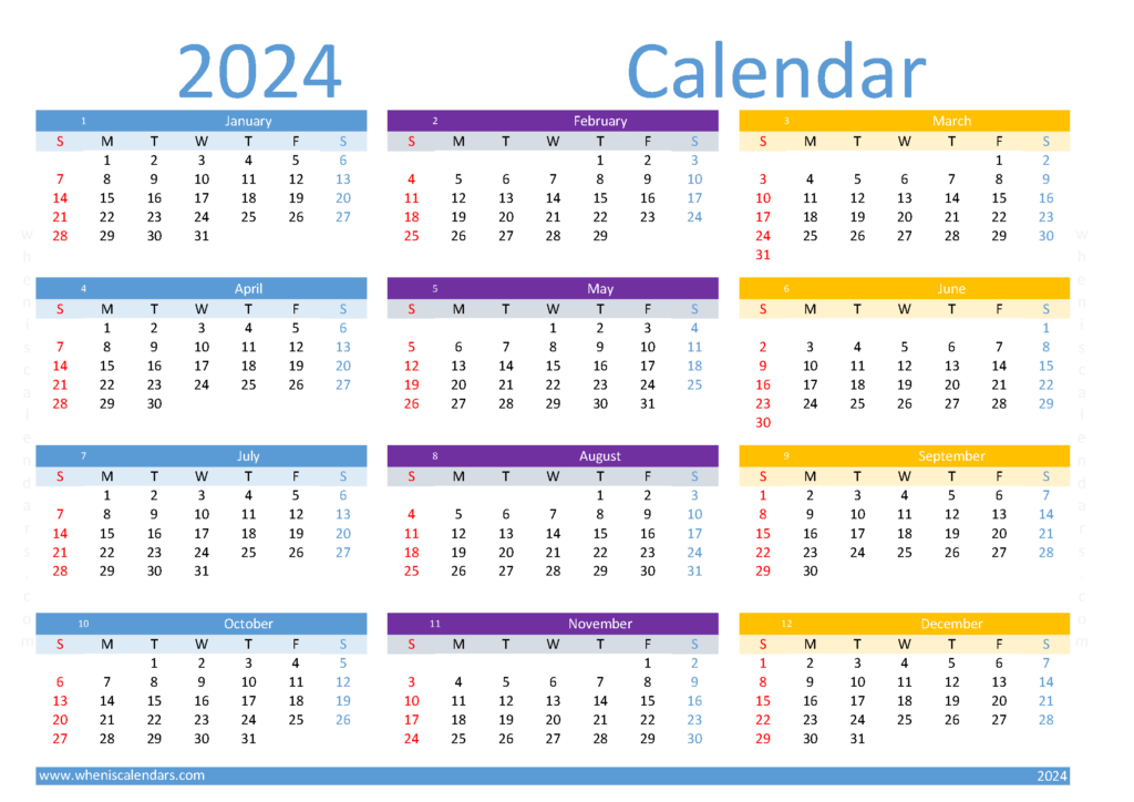 Download 2024 Calendar printable one page A4 Horizontal (24Y094)