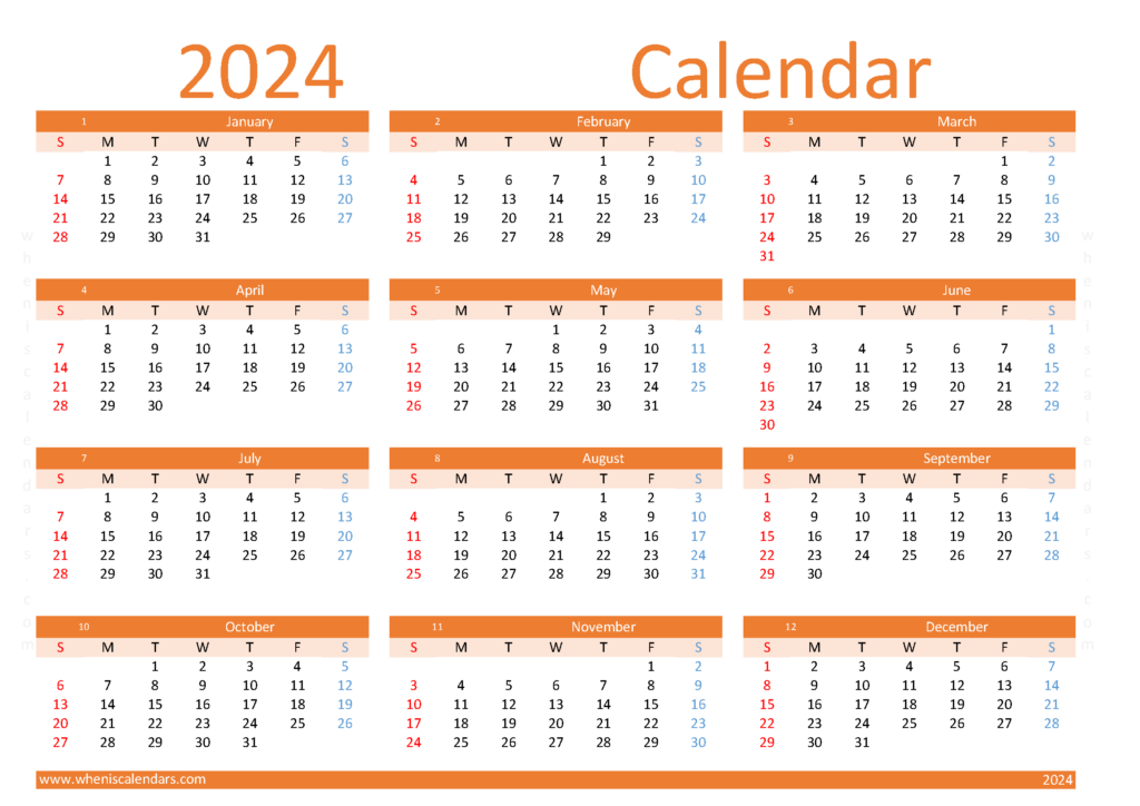 Download editable Calendar template 2024 A4 Horizontal (24Y096)