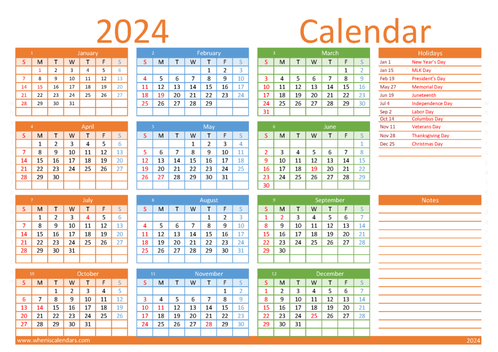 Download free printable Calendar 2024 with holidays A4 Horizontal (24Y009)