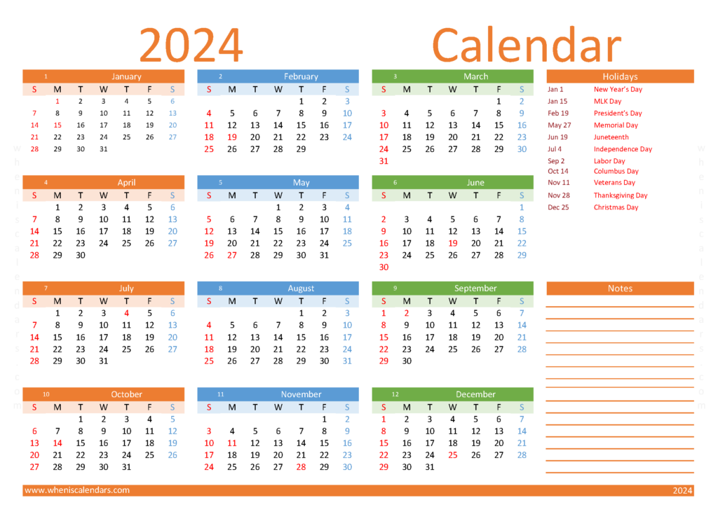 Download Calendar 2024 printable A4 Horizontal (24Y010)