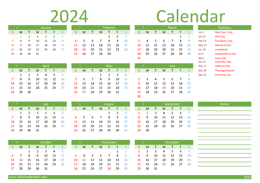 Download 2024 printable Calendar one page A4 Horizontal (24Y012)